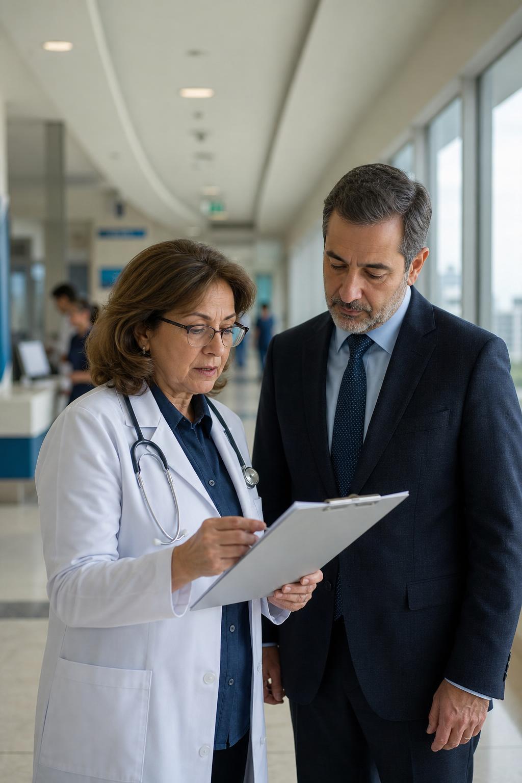 Two healthcare professionals reviewing a clinical quality checklist in a modern hospital corridor